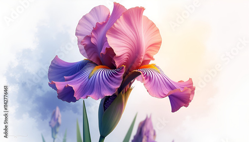 Beautiful iris flower in watercolor style with soft pink and purple petals
