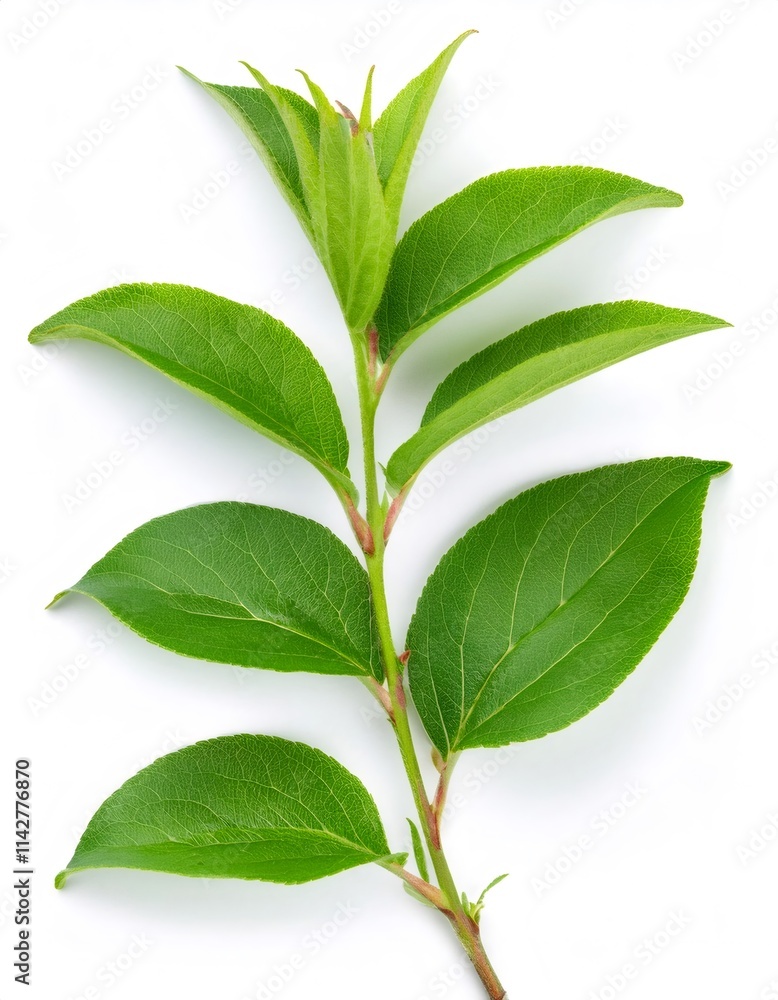 Green weigela branch displaying verdant foliage, sharp focus against white backdrop Green weigela branch displaying verdant foliage, sharp focus against white backdrop