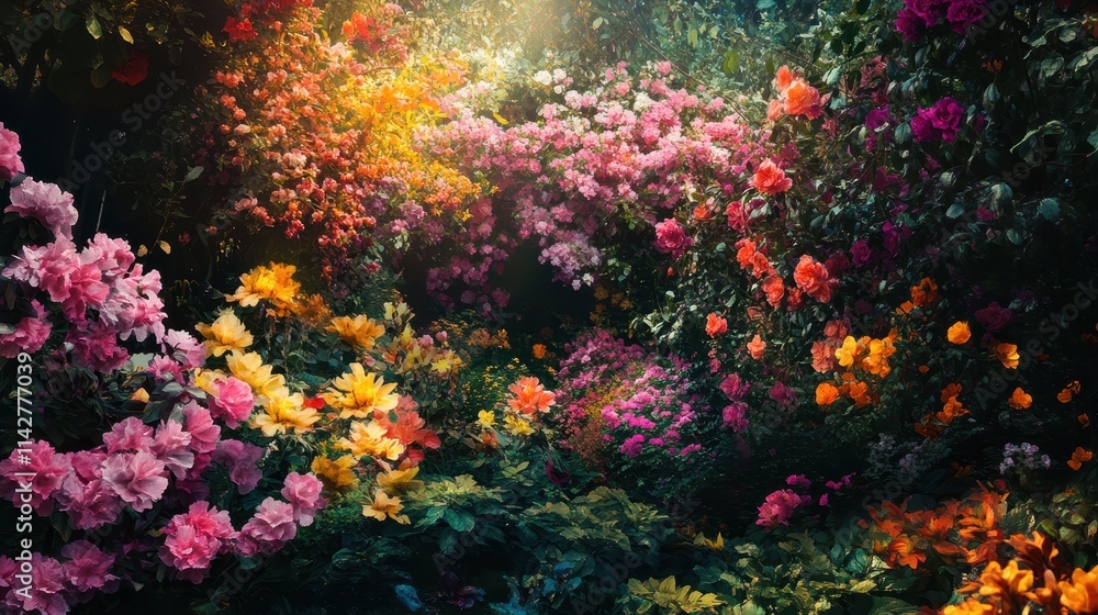 Obraz premium Vibrant garden filled with blooming flowers under golden sunlight during a serene summer afternoon