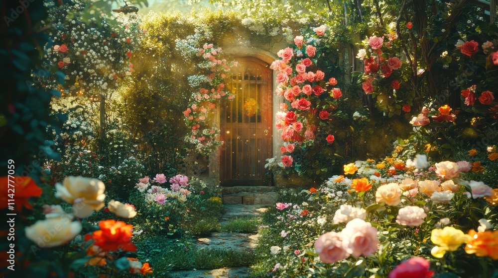 Obraz premium Vibrant garden filled with blooming flowers under golden sunlight during a serene summer afternoon