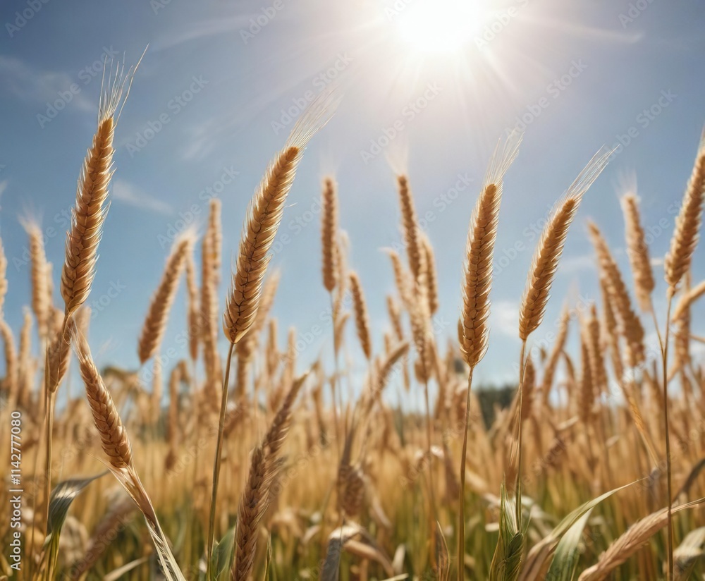 Fototapeta premium Wheat stalks stand tall and proud in the sunlight on a sunny summer day, golden wheat fields,