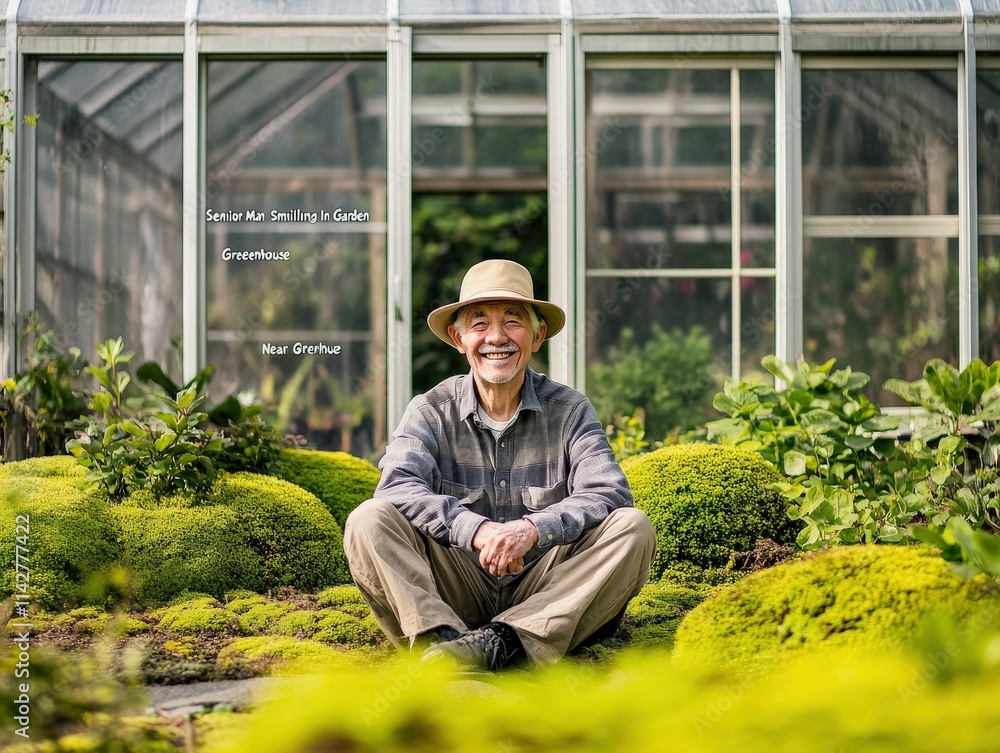Elderly Man Relaxing in Lush Garden with Greenhouse and Vibrant Flowers Elderly Man Relaxing in Lush Garden with Greenhouse and Vibrant Flowers