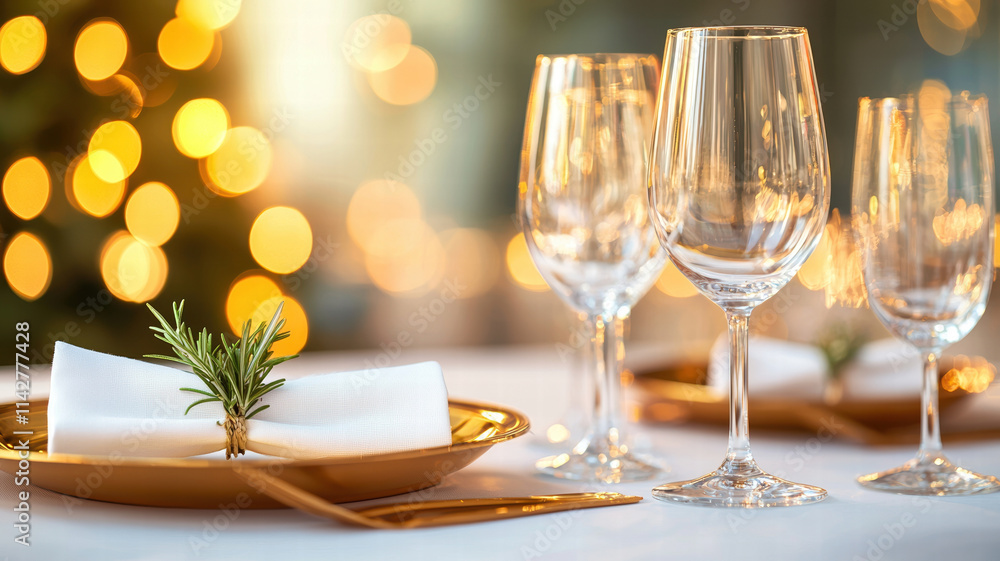 Elegant table setting with wine glasses, gold plate, and rosemary. Perfect for festive occasions and celebrations, creating warm and inviting atmosphere. Elegant table setting with wine glasses, gold plate, and rosemary. Perfect for festive occasions and celebrations, creating warm and inviting atmosphere.