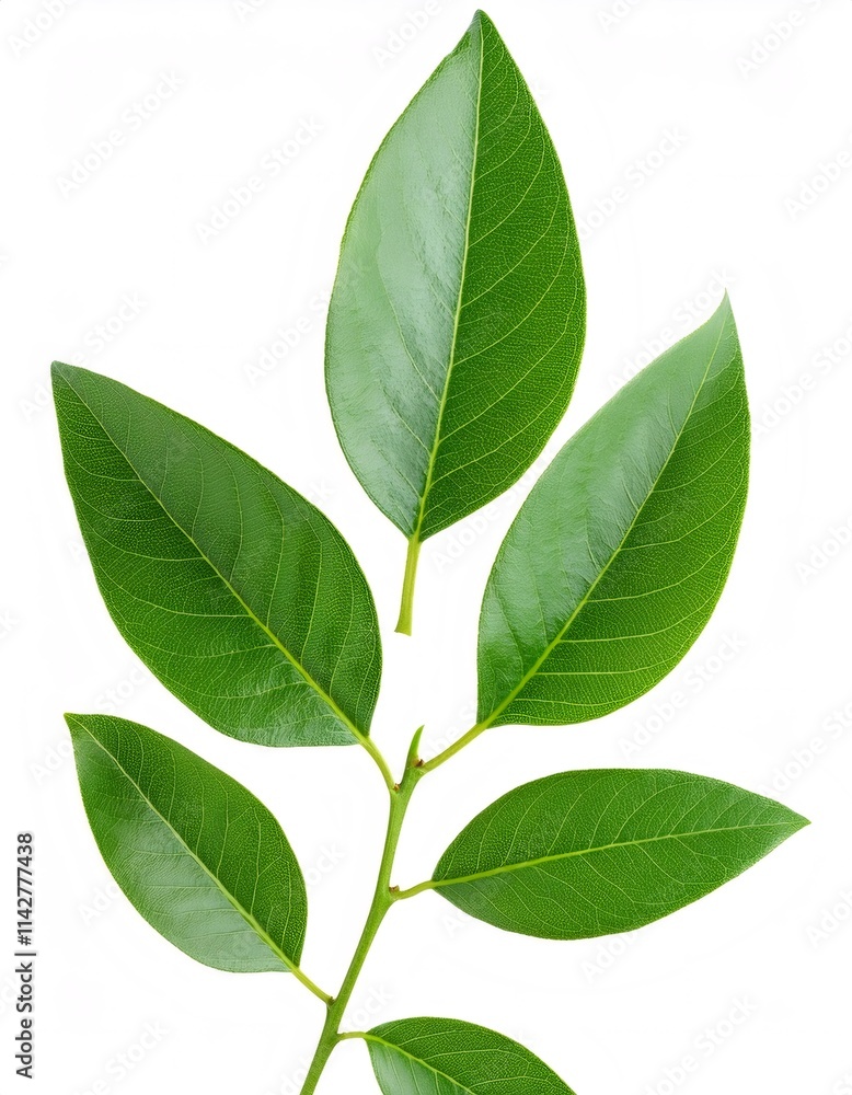 Green avocado branch displaying vibrant leaves against a clean white background, highlighting the beauty of nature in full depth of field Green avocado branch displaying vibrant leaves against a clean white background, highlighting the beauty of nature in full depth of field