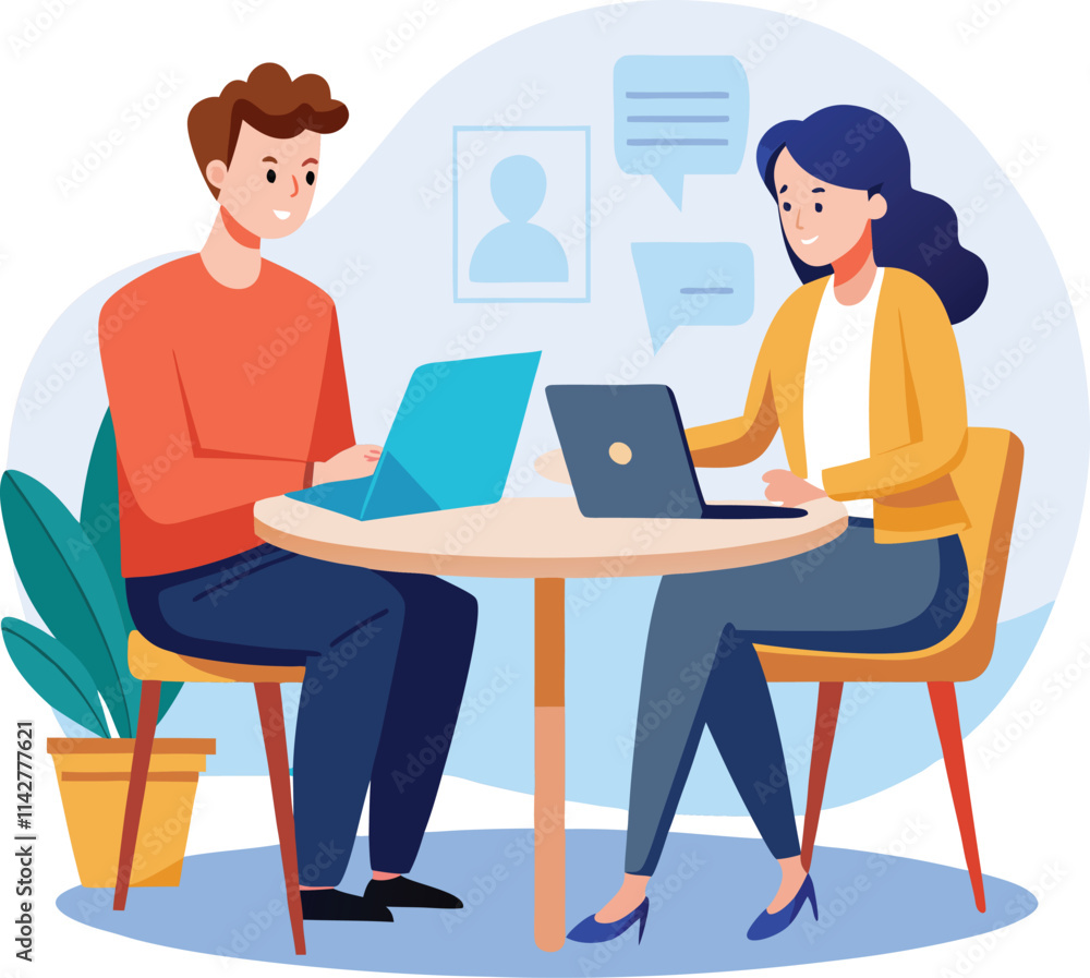 Partners meeting for business discussion with documents and laptop on desk. Couple at round table, speaking, discussing work, partnership. Flat vector on a white background Partners meeting for business discussion with documents and laptop on desk. Couple at round table, speaking, discussing work, partnership. Flat vector on a white background