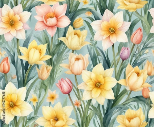 Whimsical watercolor pattern featuring daffodils and tulips in pastel shades, print, vibrant, decoration, floral, cheerful