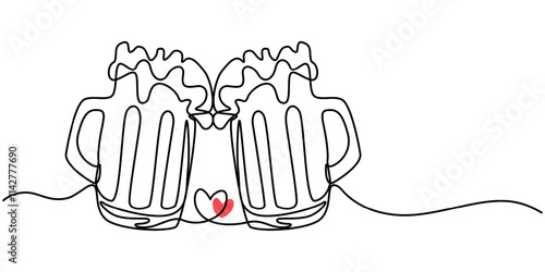 Continuous line drawing two glasses of bear clinking. Beer spray. Vector illustration, Two glasses of beer one line continuous. Line art glasses of beer. Hand drawn vector art, Craft drink alcohol. 