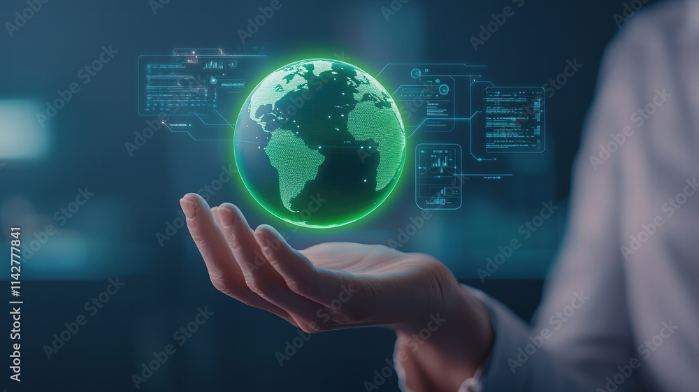 futuristic hologram displaying hand holding glowing globe, symbolizing technology and global connectivity. image conveys innovation and digital advancement futuristic hologram displaying hand holding glowing globe, symbolizing technology and global connectivity. image conveys innovation and digital advancement