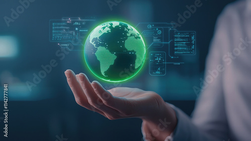 futuristic hologram displaying hand holding glowing globe, symbolizing technology and global connectivity. image conveys innovation and digital advancement