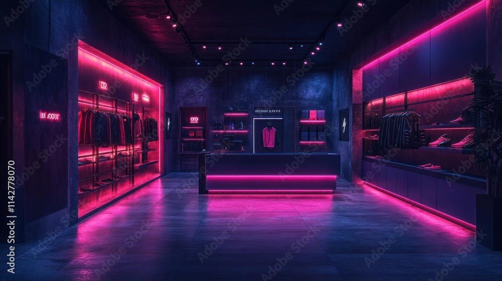 Neon-lit modern retail store interior with clothing and shoes displayed on shelves. Neon-lit modern retail store interior with clothing and shoes displayed on shelves.