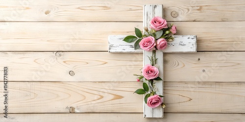  A rustic white wooden cross embellished with soft pink roses, set against a weathered wooden background. Ideal for religious and Easter-themed visuals with copy space.