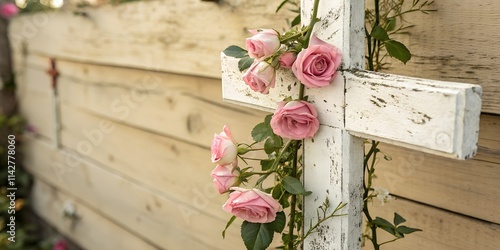 Close-up of a rustic white cross with blooming pink roses climbing its surface, set outdoors against a blurred wooden fence background. A symbolic spring and Easter design.