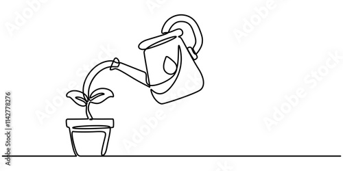 Continuous single line sketch drawing of watering can plant tree seedling growth. One line art of nature agriculture farming economy growing vector illustration, Watering Can and Flower, pro vector.