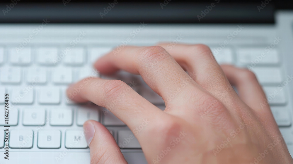 hand resting on laptop keyboard, fingers positioned for typing, showcasing focus and concentration. soft lighting enhances scene calmness and productivity hand resting on laptop keyboard, fingers positioned for typing, showcasing focus and concentration. soft lighting enhances scene calmness and productivity