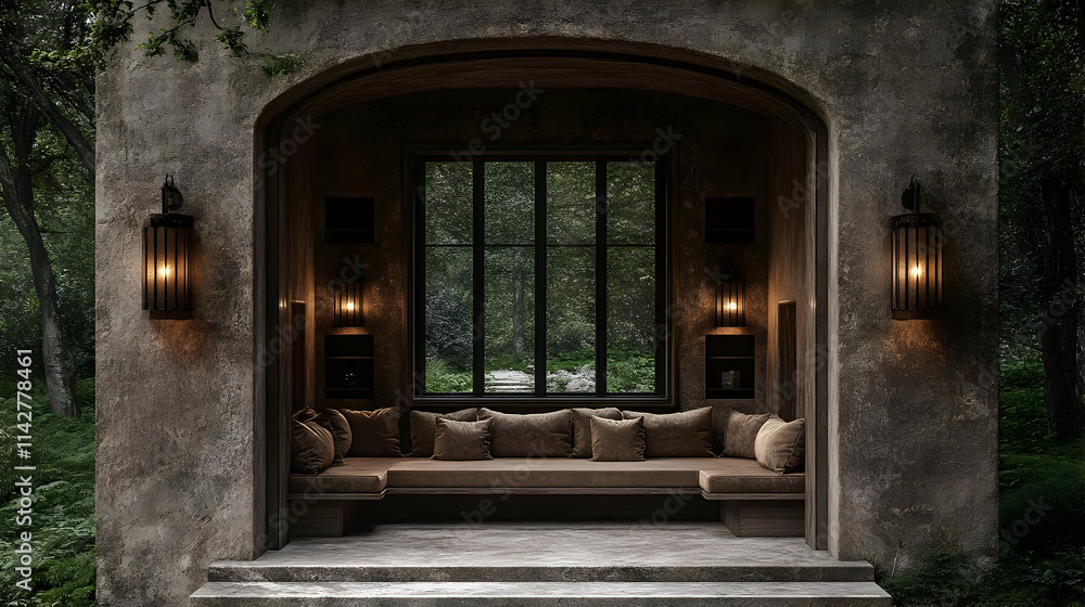 Serene Forest Window Seat 3D Illustration Serene Forest Window Seat 3D Illustration