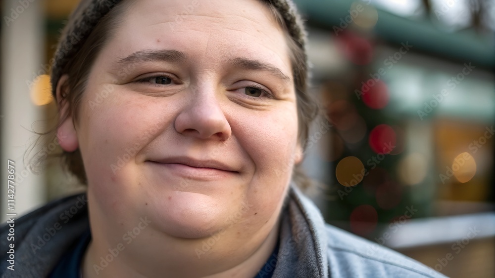 Close-up of a smiling woman in winter attire, reflecting post-holiday warmth and contentment, with festive decorations in the background. Close-up of a smiling woman in winter attire, reflecting post-holiday warmth and contentment, with festive decorations in the background.