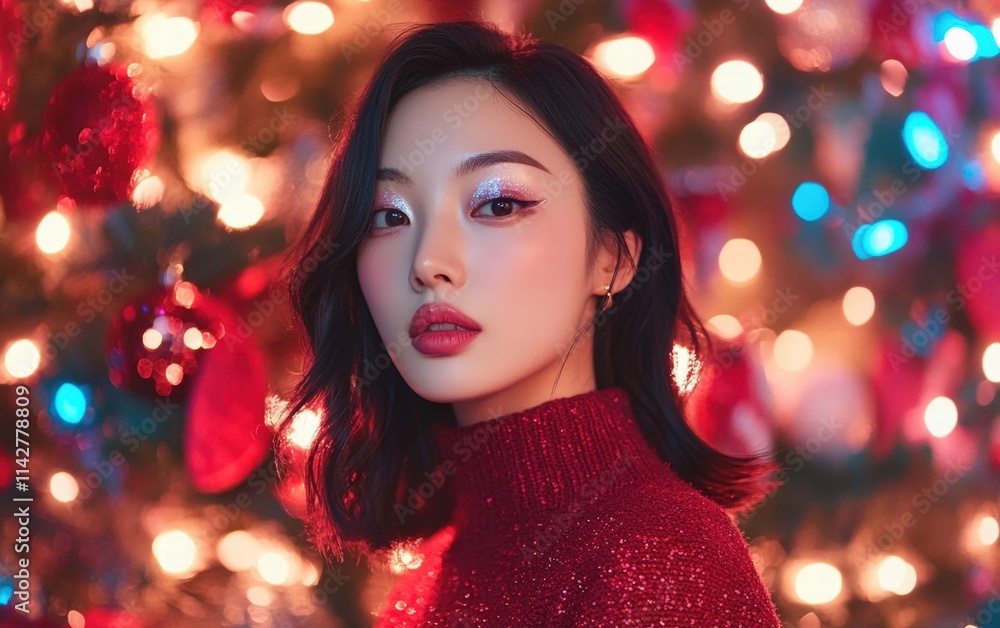 A South Korean woman in a stylish red holiday sweater with shimmering silver eyeshadow and pink lips, standing in front of a glowing holiday tree A South Korean woman in a stylish red holiday sweater with shimmering silver eyeshadow and pink lips, standing in front of a glowing holiday tree