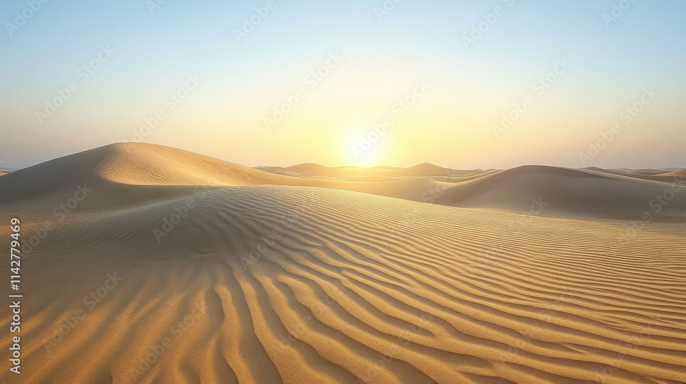 Golden sand dunes under bright sunrise, showcasing beauty of nature landscape. soft curves and ripples create serene atmosphere Golden sand dunes under bright sunrise, showcasing beauty of nature landscape. soft curves and ripples create serene atmosphere