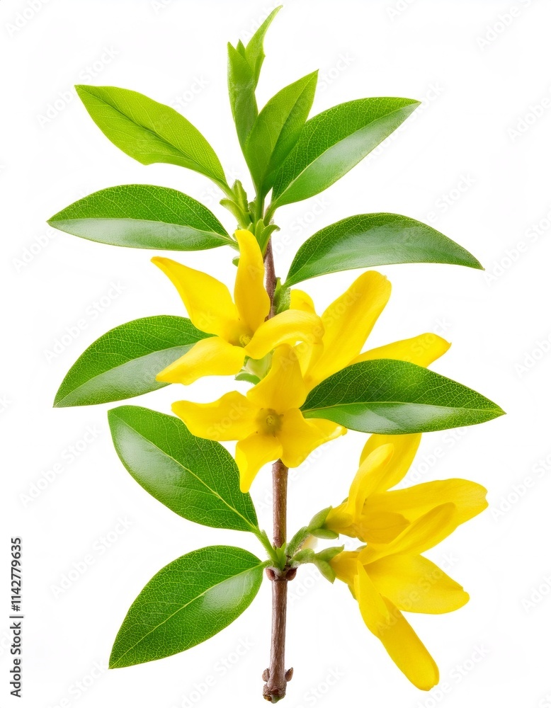 Delicate forsythia branch displaying bright yellow blossoms and verdant green foliage, contrasting against pristine white background Delicate forsythia branch displaying bright yellow blossoms and verdant green foliage, contrasting against pristine white background