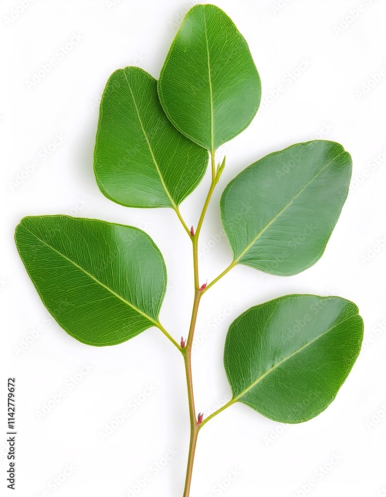 Naklejka premium Verdant eucalyptus branch displaying lush green foliage, sharply defined with pristine white backdrop, capturing botanical clarity