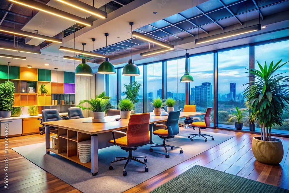 Modern Office Interior Design, Low Light Photography, Blurred Background, Stylish Workspace, Professional Setting, Ambient Lighting, Office Space, Corporate Design Modern Office Interior Design, Low Light Photography, Blurred Background, Stylish Workspace, Professional Setting, Ambient Lighting, Office Space, Corporate Design