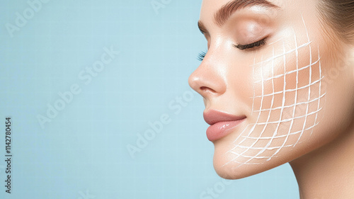 Radiant face with skincare cream, showcasing smooth complexion and beauty treatment. grid pattern highlights skincare application, emphasizing rejuvenation and care