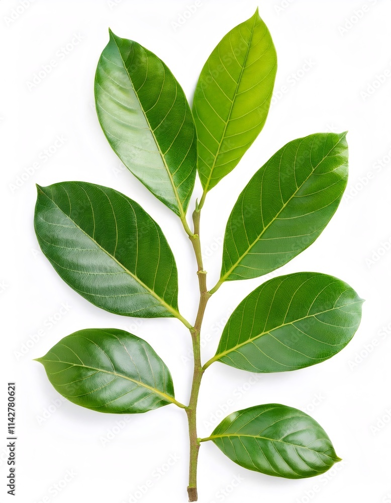 Fototapeta premium Verdant jackfruit foliage clustered on branch, presenting lush green textures against pristine white background