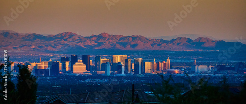 Las Vegas Skyline at Golden Hour with Desert Mountains from Elevated View