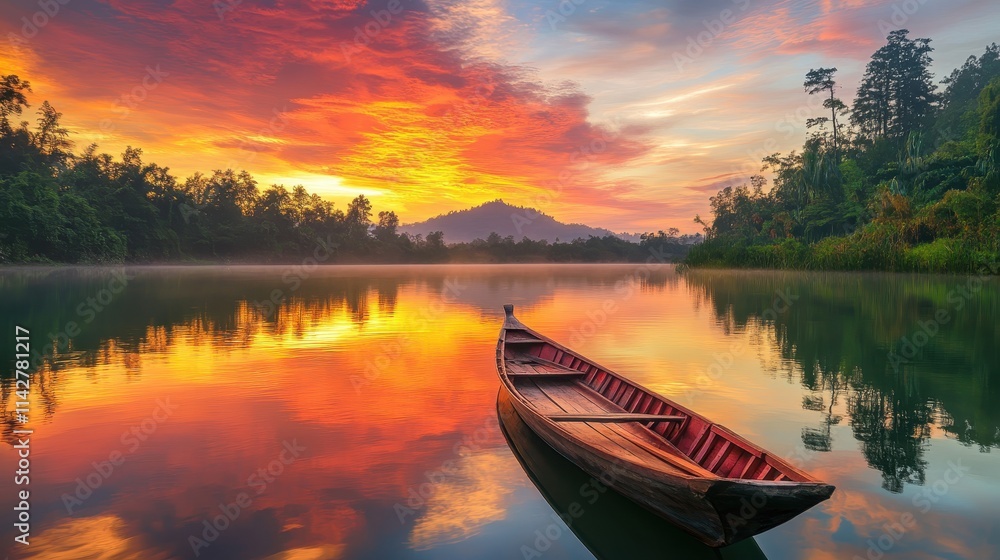 Obraz premium Sunrise casts vibrant colors over tranquil lake with traditional wooden boat in serene landscape