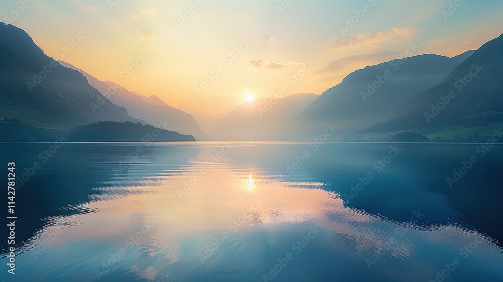 Fototapeta premium Scenic view of a lake with mountains in the background at sunrise Nature