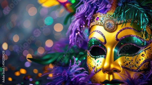 horizontal banner, Mardi Gras, golden carnival mask, colorful peacock feathers, pearl necklaces, fantasy magic, bright shining background, bokeh effect, poster, copy space, free space for text photo