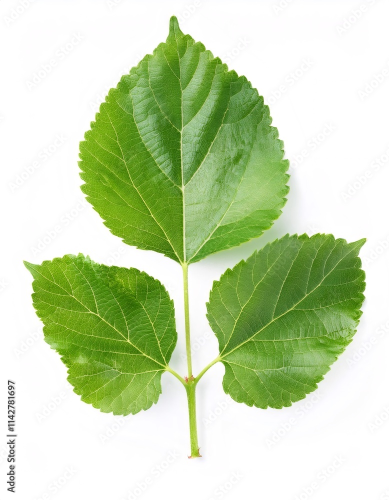 Mulberry branch displaying verdant leaves, revealing delicate veins and serrated margins, positioned on pristine white surface Mulberry branch displaying verdant leaves, revealing delicate veins and serrated margins, positioned on pristine white surface