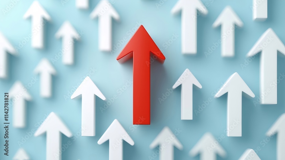 Red arrow stands out among many white arrows pointing upwards. Red arrow stands out among many white arrows pointing upwards.