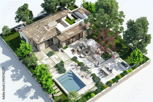 a customized floor plan for a countryside retreat, including outdoor patios, gardens, and recreational spaces, all presented in a clear and detailed 3D format. photo