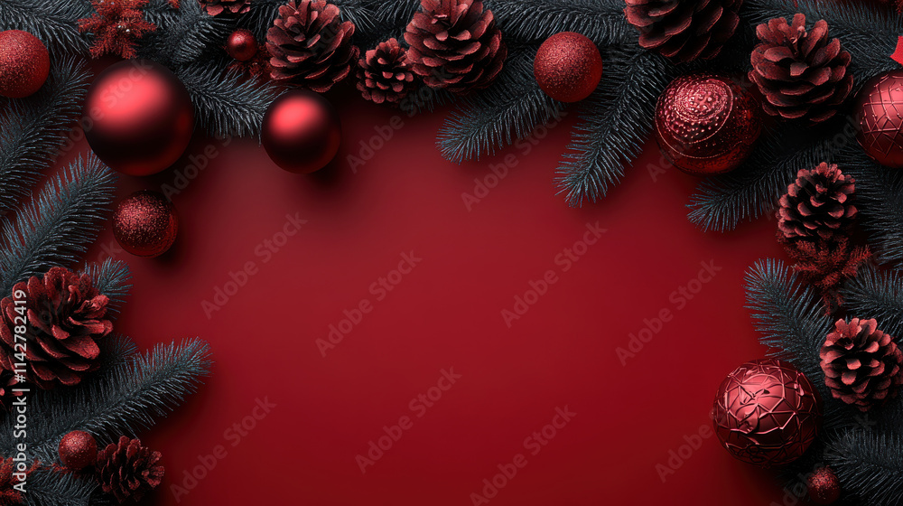 Festive red background with pine branches, ornaments, and pine cones, creating warm holiday atmosphere. Perfect for Christmas decorations and seasonal celebrations Festive red background with pine branches, ornaments, and pine cones, creating warm holiday atmosphere. Perfect for Christmas decorations and seasonal celebrations