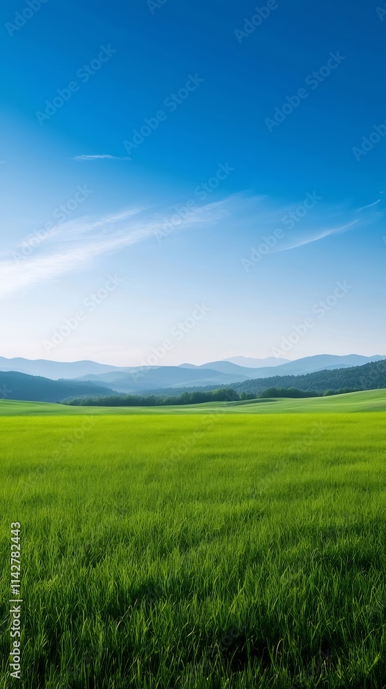 Lush green field under a clear blue sky, rolling hills in the background. Lush green field under a clear blue sky, rolling hills in the background.