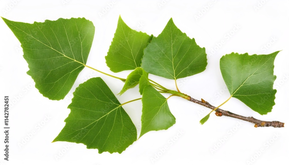 Studio shot of a poplar branch with green leaves, isolated on a white background, representing nature, growth, and freshness Studio shot of a poplar branch with green leaves, isolated on a white background, representing nature, growth, and freshness