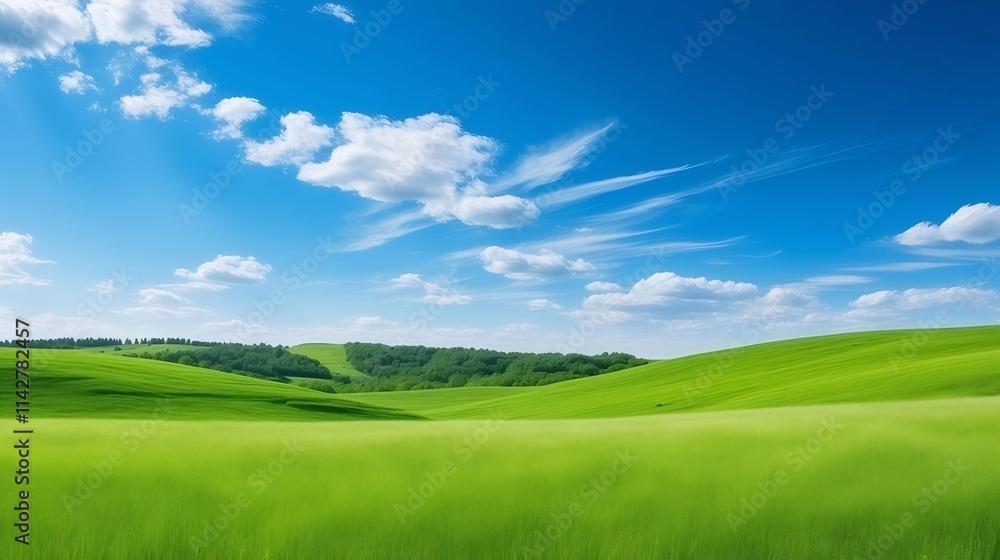 Lush green field under a vibrant blue sky with fluffy white clouds. Lush green field under a vibrant blue sky with fluffy white clouds.