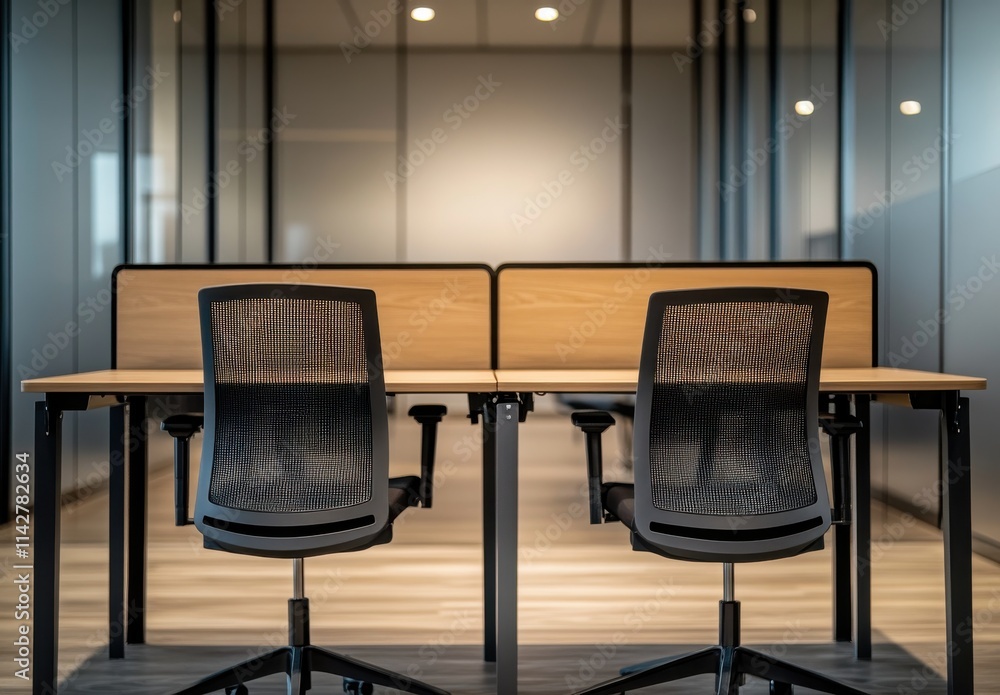 Modern Office Workspace Featuring Two Ergonomic Chairs and Shared Desks in a Stylish Glass-Front Environment for Enhanced Collaboration and Productivity Modern Office Workspace Featuring Two Ergonomic Chairs and Shared Desks in a Stylish Glass-Front Environment for Enhanced Collaboration and Productivity