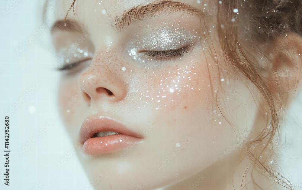 Close-up of a girl with sparkling silver glitter eyeshadow, glowing skin on white background Close-up of a girl with sparkling silver glitter eyeshadow, glowing skin on white background
