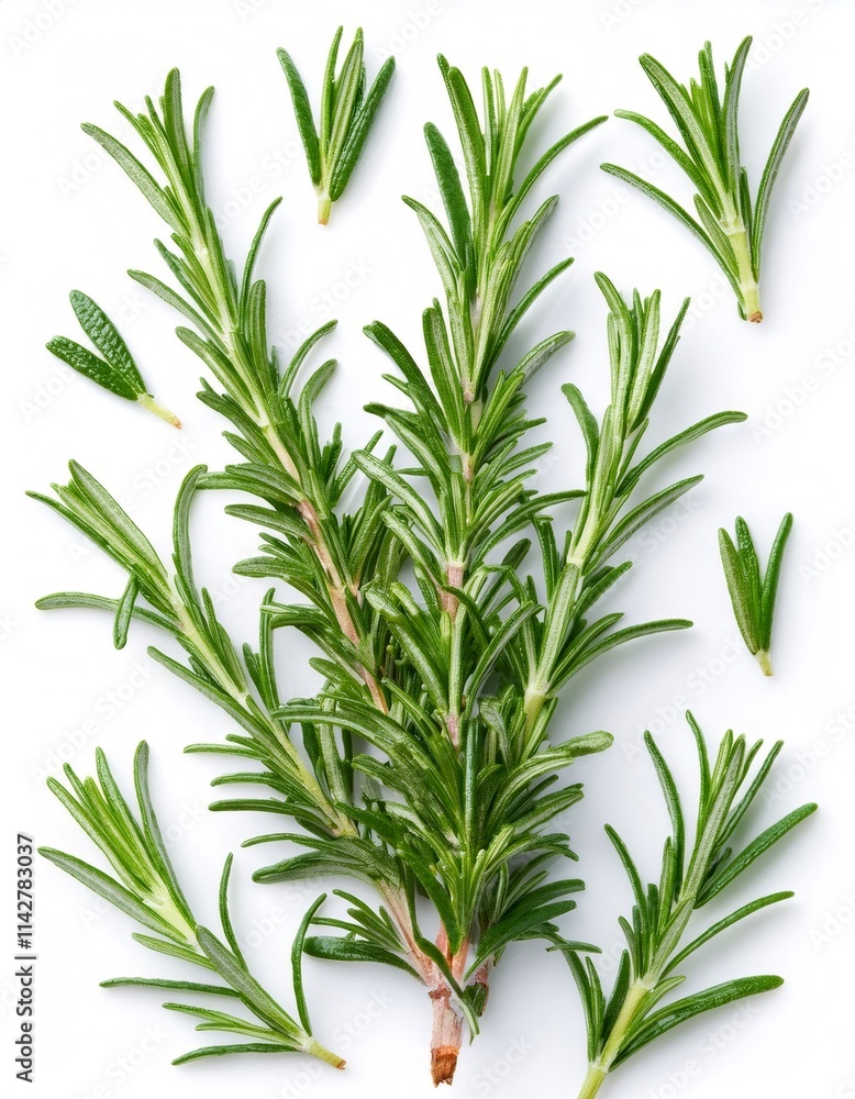 Rosemary herb branch with verdant leaves casting sharp detail, nestled against pristine white backdrop, highlighting botanical freshness Rosemary herb branch with verdant leaves casting sharp detail, nestled against pristine white backdrop, highlighting botanical freshness