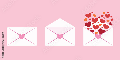 Valentine's Day envelope set and romantic elements Love, wedding, valentine's day concept. Vector illustration