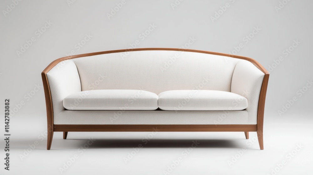 Elegant contemporary sofa with wooden frame and white fabric upholstery for modern interior design Elegant contemporary sofa with wooden frame and white fabric upholstery for modern interior design