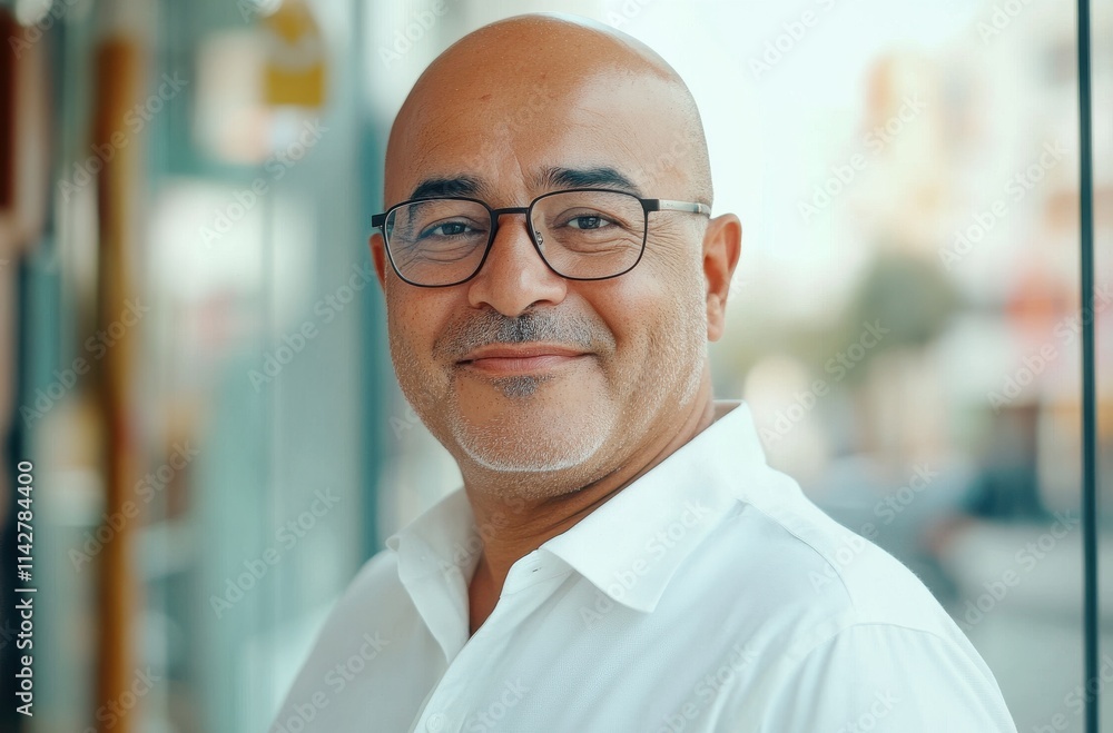 Portrait of a cheerful middle-aged man with glasses, smiling confidently outdoors against a blurred background of a city street in soft natural light Portrait of a cheerful middle-aged man with glasses, smiling confidently outdoors against a blurred background of a city street in soft natural light