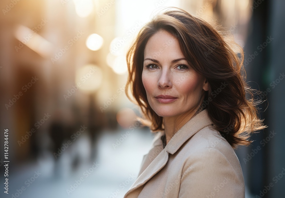 Portrait of a confident woman in a stylish coat, showcasing a serene expression while standing in an urban setting during the golden hour with blurred background elements. Portrait of a confident woman in a stylish coat, showcasing a serene expression while standing in an urban setting during the golden hour with blurred background elements.