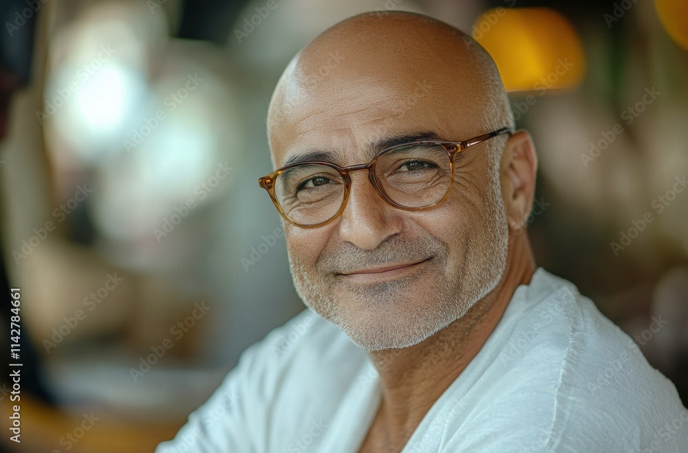 Portrait of a smiling middle-aged man with bald head and glasses, showcasing a warm expression, ideal for lifestyle, emotions, and personal connection themes in photography. Portrait of a smiling middle-aged man with bald head and glasses, showcasing a warm expression, ideal for lifestyle, emotions, and personal connection themes in photography.