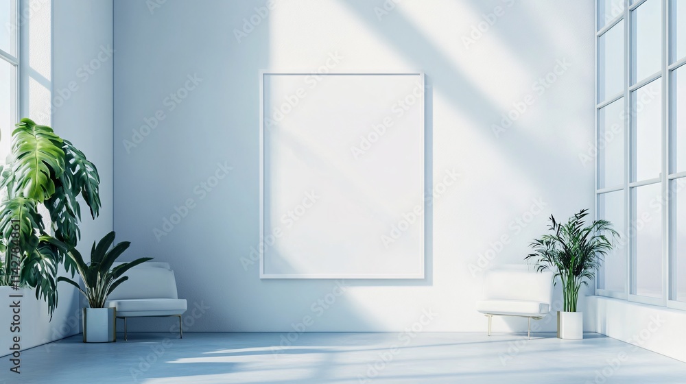Bright and airy interior with large windows and minimalist seating, featuring a blank frame for artwork. Bright and airy interior with large windows and minimalist seating, featuring a blank frame for artwork.