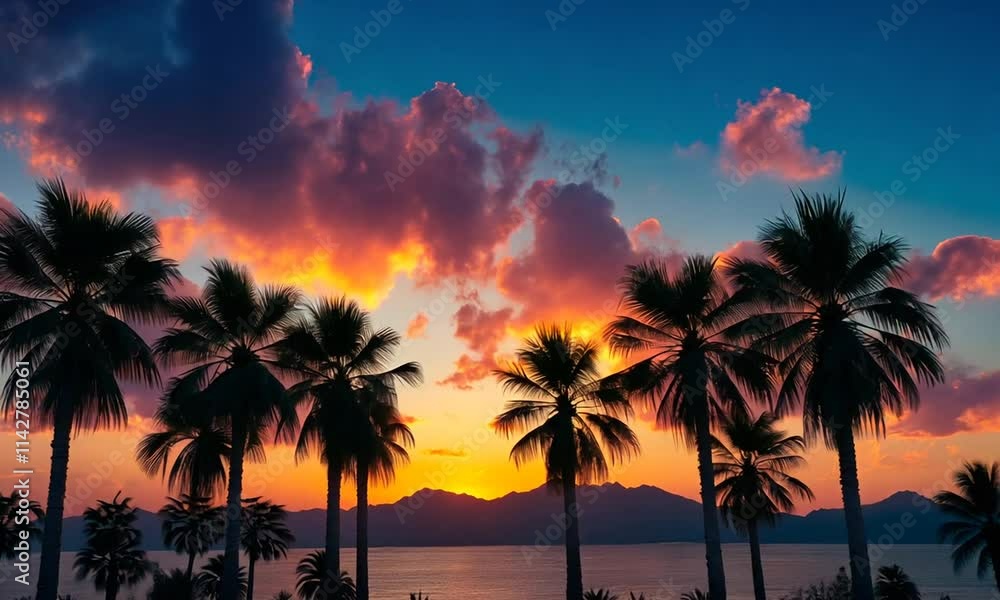 A vibrant sunset over palm trees, creating a serene tropical atmosphere. A vibrant sunset over palm trees, creating a serene tropical atmosphere.