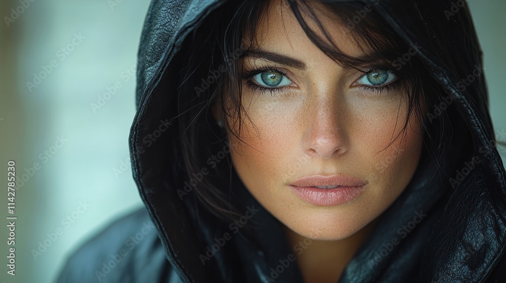 Close-up portrait of a woman with green eyes, wearing a black leather hood. Close-up portrait of a woman with green eyes, wearing a black leather hood.