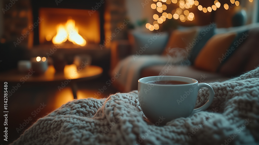 Cozy scene with steaming cup of tea near a glowing fireplace on a chilly winter evening Cozy scene with steaming cup of tea near a glowing fireplace on a chilly winter evening